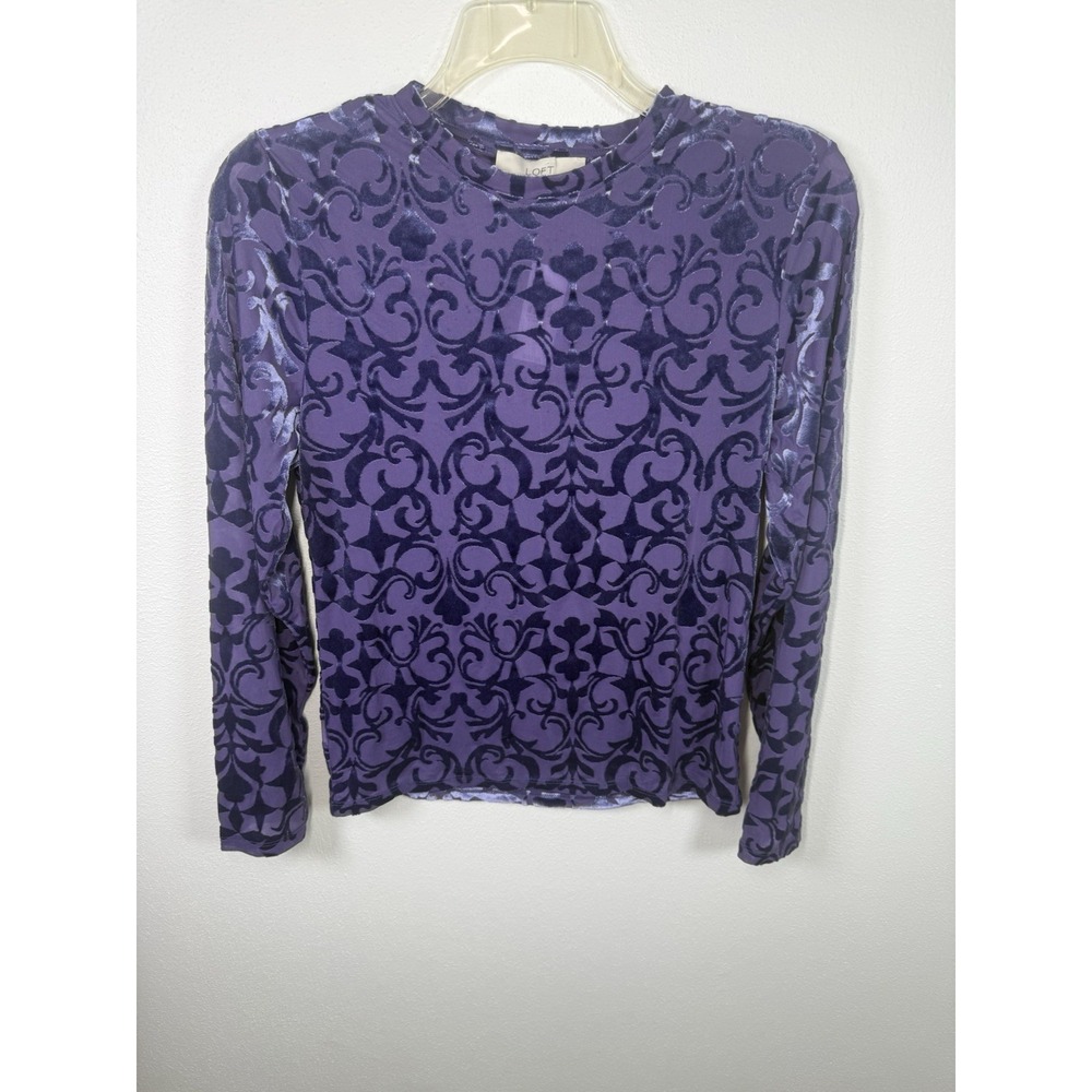 NWT LOFT Purple Velvet Burnout Mesh Top XL Whimsigoth Sheer Long Sleeve Floral